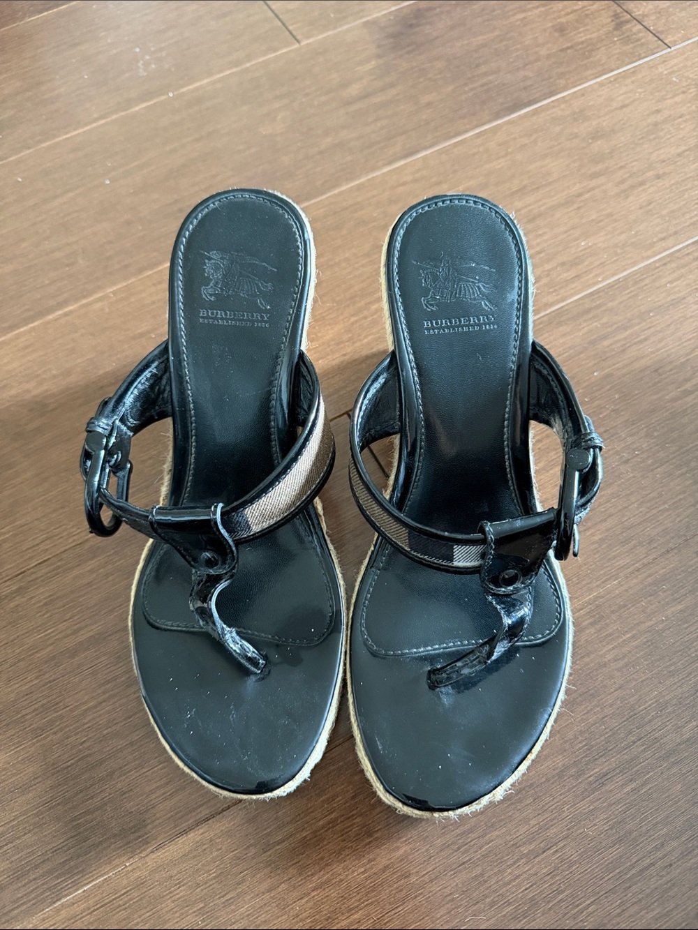 Burberry Black Leather Espadrille Wedge Sandals